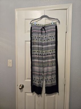 Kensie Multicolor Aztec-Print Wide Leg Drawstring Pants with Black Side Panels